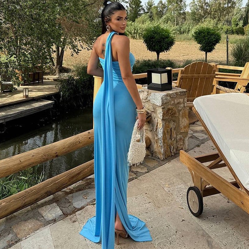 Women Elegant Solid Color Neck Bodycon Maxi Dress