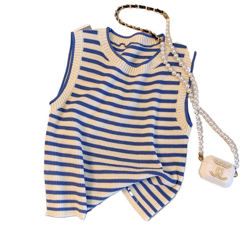 Camiseta de tirantes de verano para mujer de punto a rayas de seda de hielo - Tirantes extraíbles