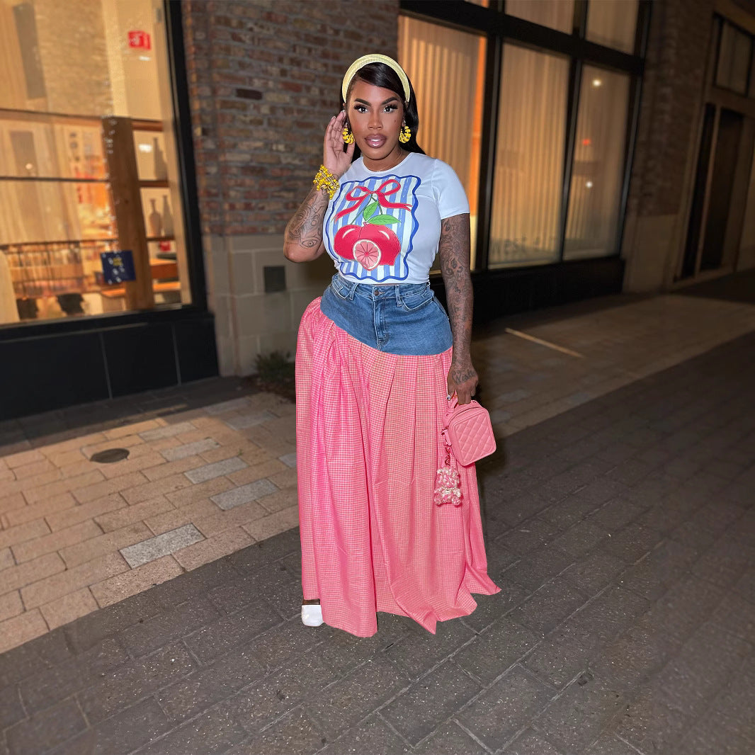 Conjunto de camiseta de manga corta y falda a cuadros con abertura para mujer