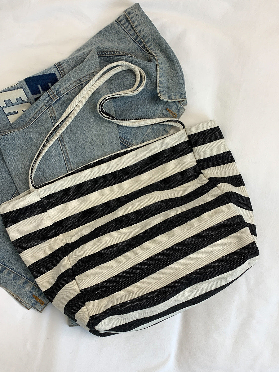 Sac fourre-tout simple et décontracté en toile à rayures de grande capacité