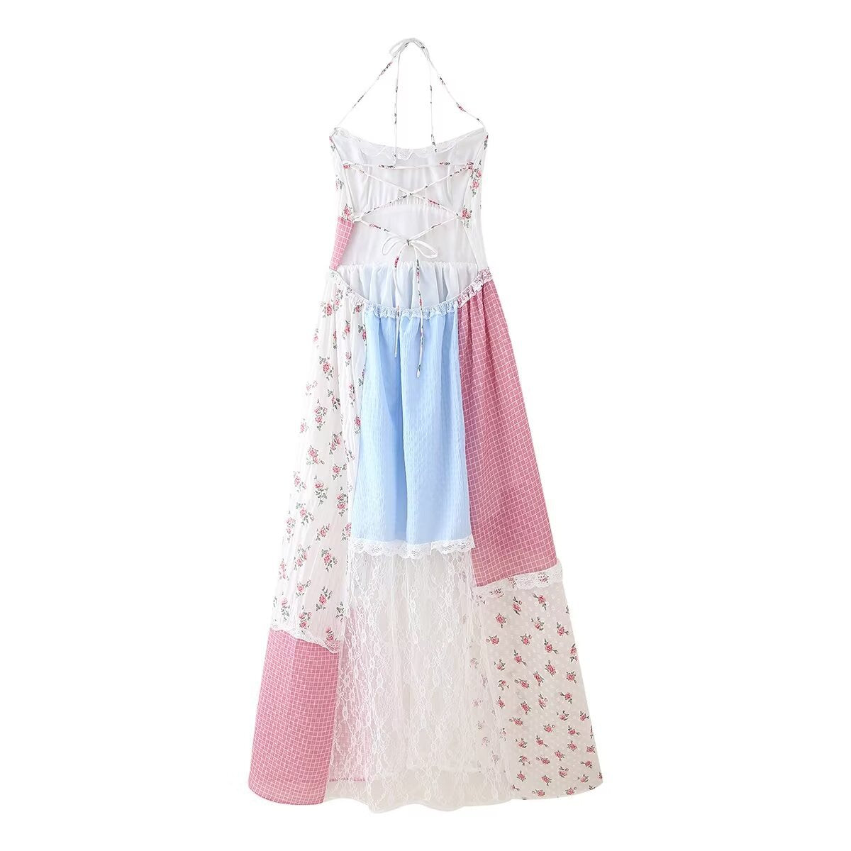 Robe longue dos nu en dentelle à petites fleurs style bohème pour femme