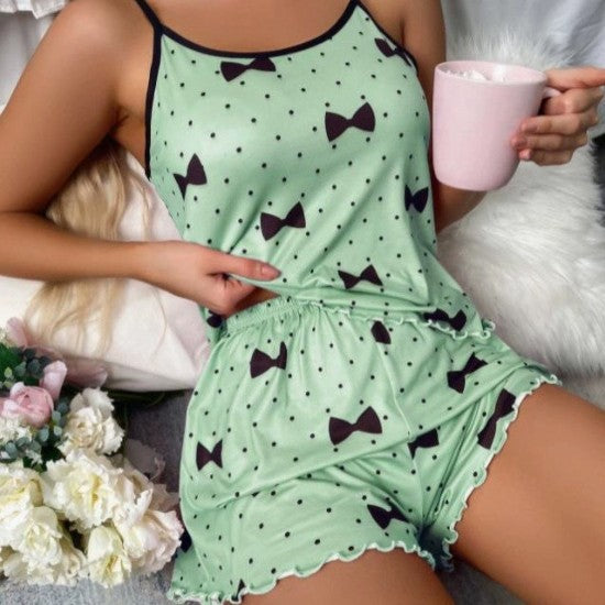 Women Fashion Sexy Love Printed Camisole Pajamas Set