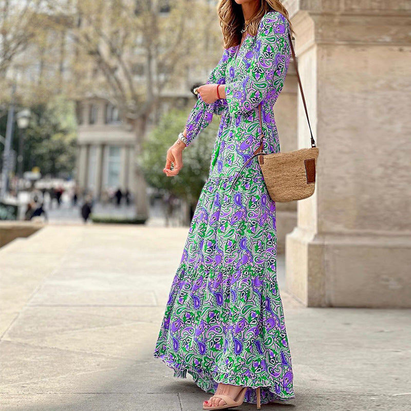 Vestido elegante de manga larga con cuello en V y estampado bohemio para mujer