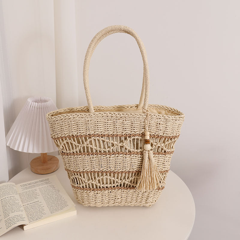Bohemian Holiday Hollow Straw Woven Tassel Tote Bag