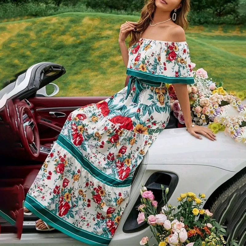 Robe longue d'été sexy style bohème à épaules dénudées et imprimé floral