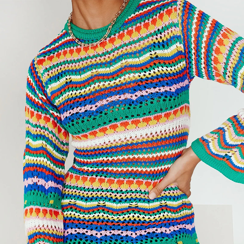 Vestido corto de punto de manga larga con rayas y bloques de color bohemios y vanguardista para mujer