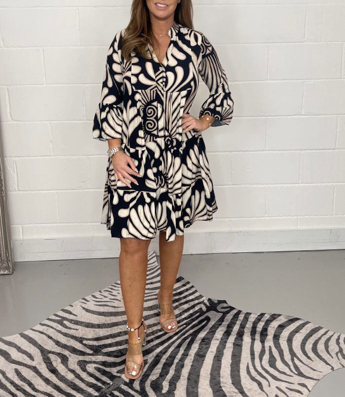 Vestido camisero holgado con cuello en V y estampado gráfico bohemio informal para mujer