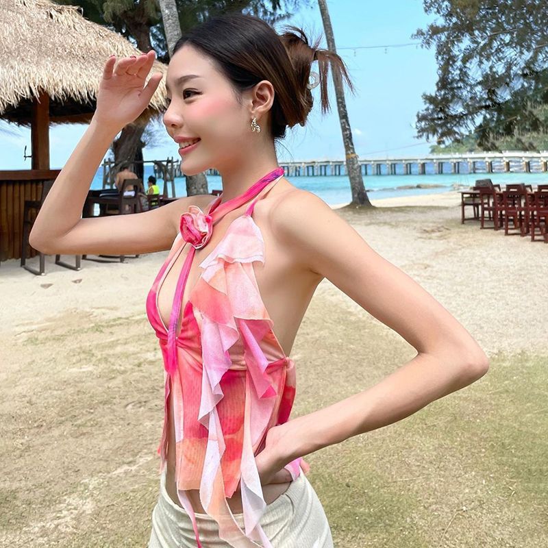 Beach Vacation Ruffled Tie-Dyed Halter Neck Camis