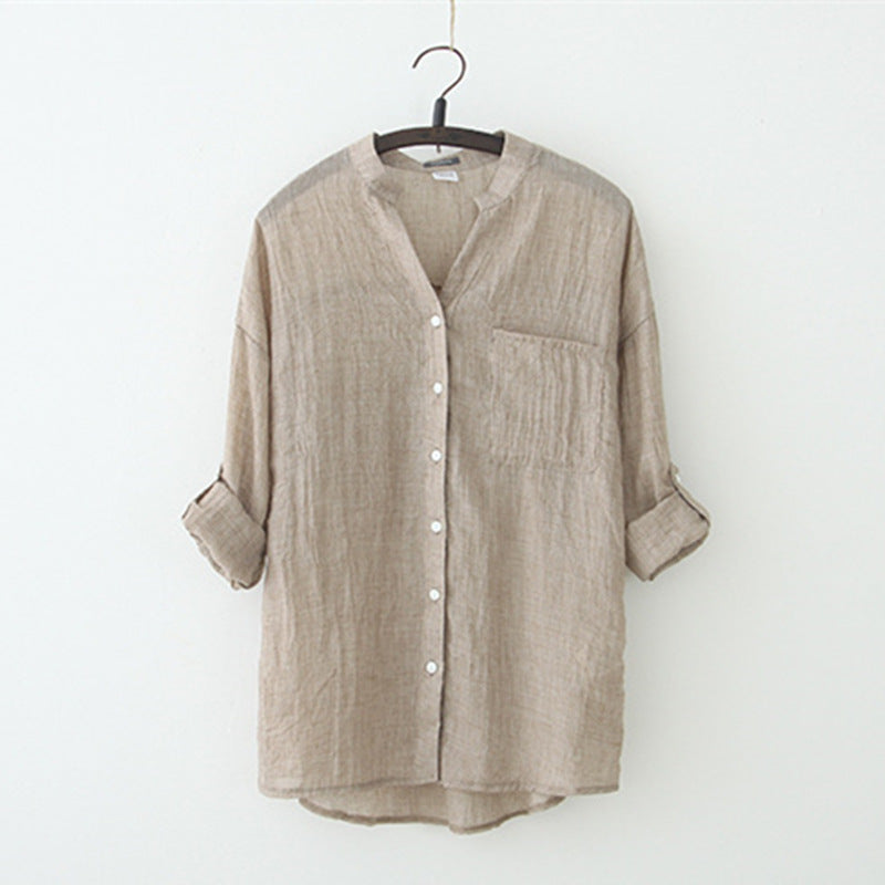 Blusa suelta de lino y algodón con protección solar de verano para mujer