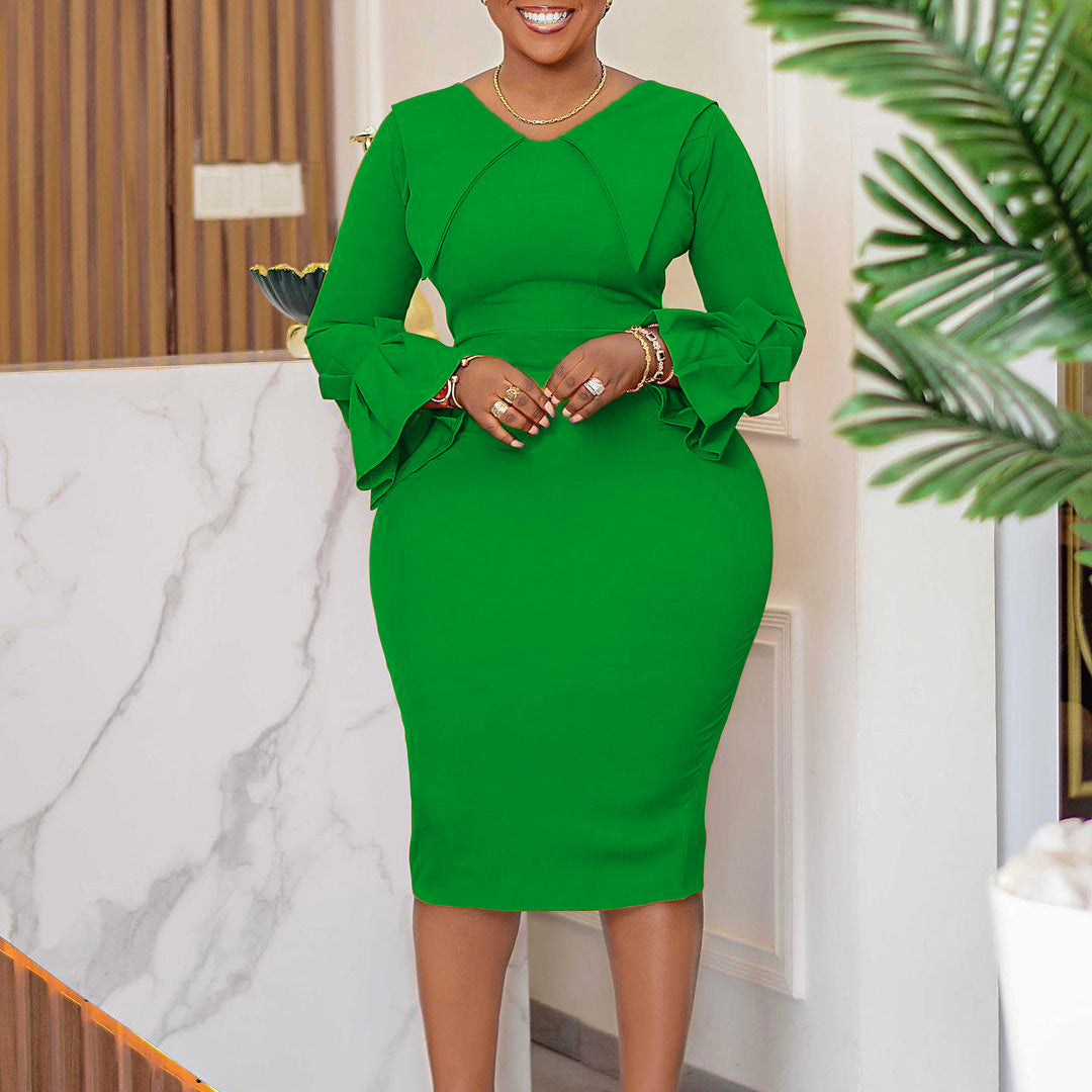 Women Fashion Elegant Solid Color Long Sleeve Dress