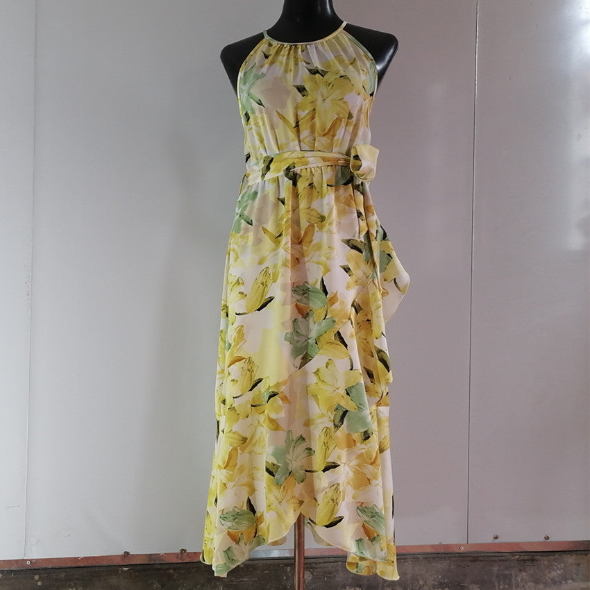 Vacation Fashion Floral Print Women Casual Ruffled Halter Dress