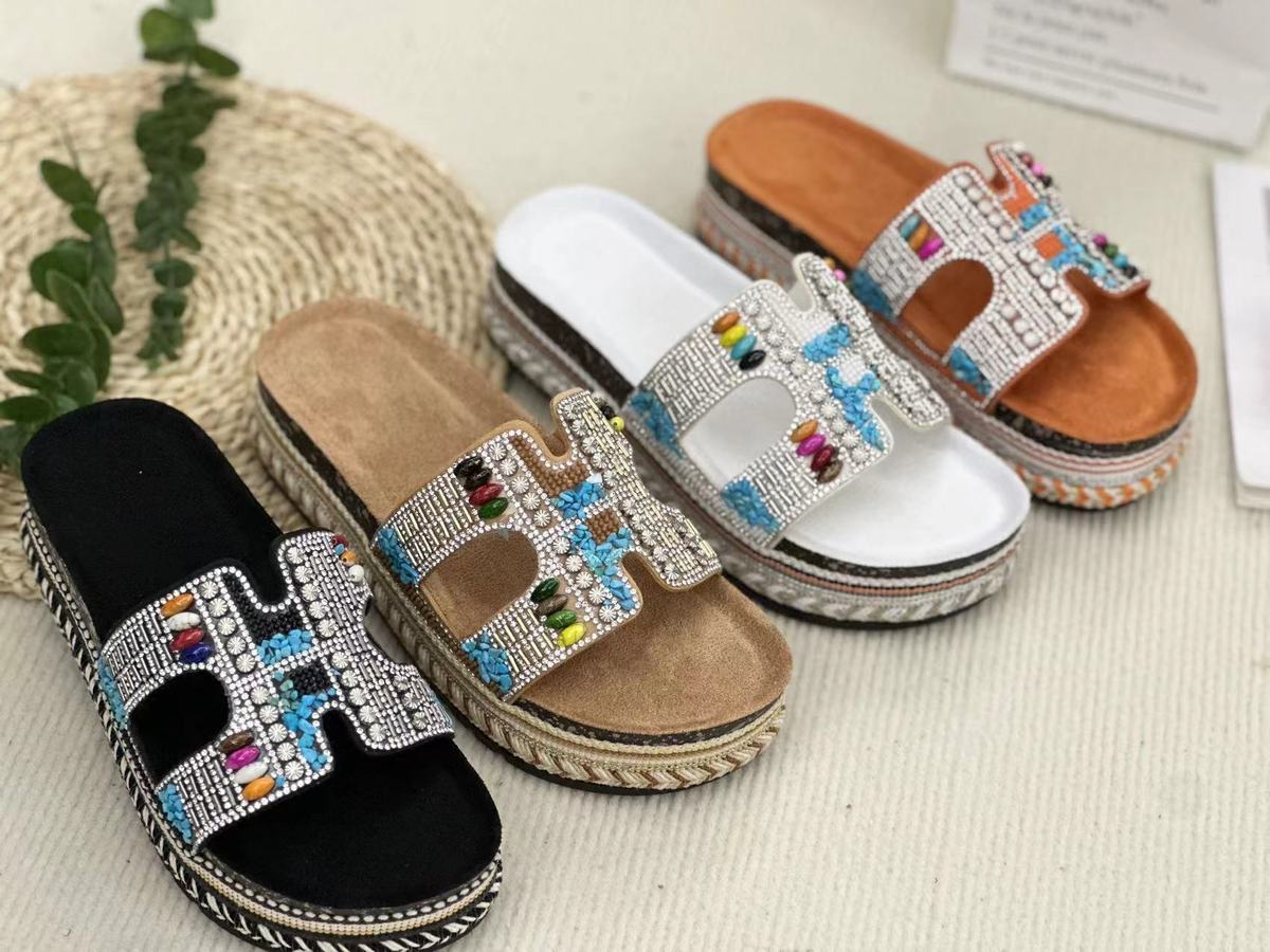 Pantuflas informales tejidas con diamantes de imitación a la moda para mujer