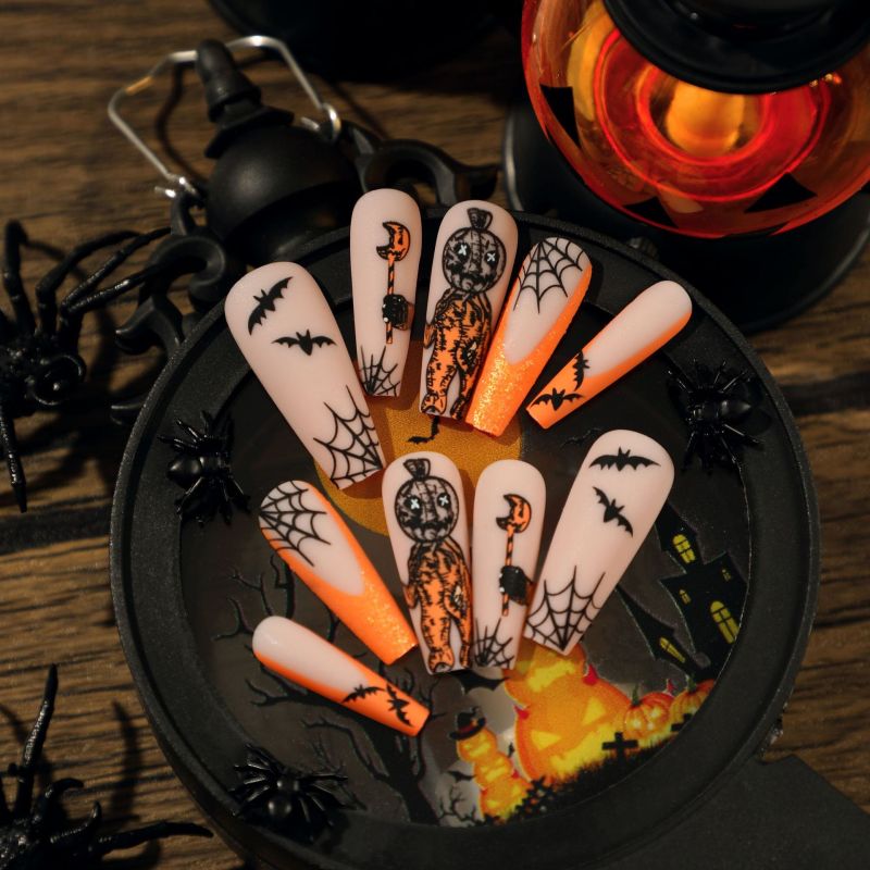 Women Fashion Halloween Orange Glitter Pumpkin False Nails