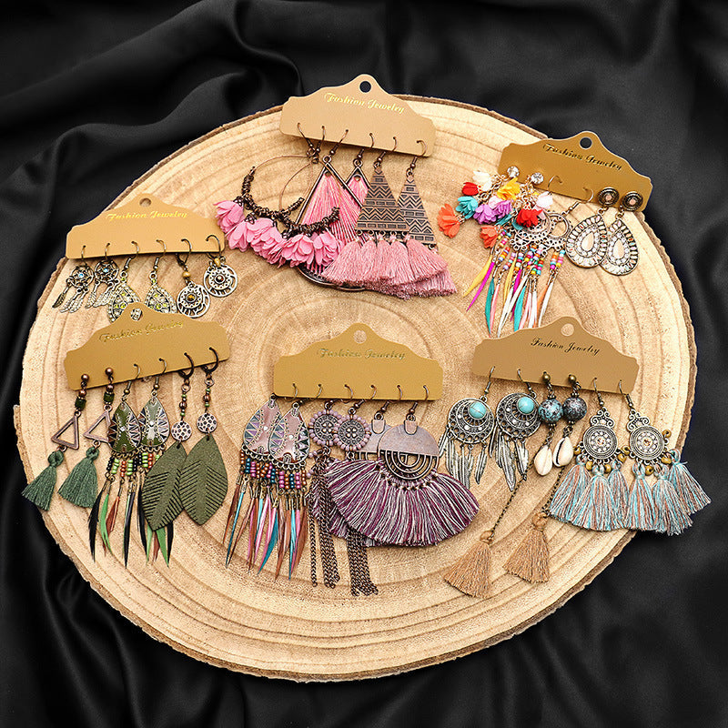 Conjunto de pendientes con borlas creativas retro de estilo étnico bohemio