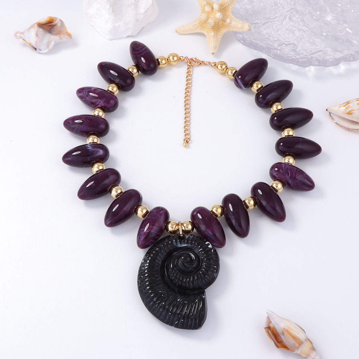 Women Fashion Exaggerated Vacation Multicolor Beaded Conch Pendant Sea Necklace