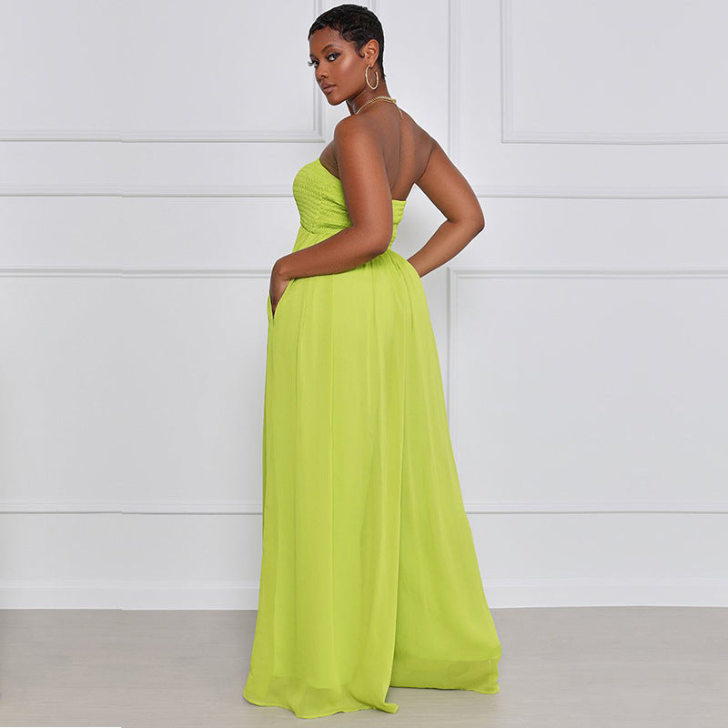 Women Fashion Casual Solid Color Chiffon Sleeveless Wide Leg Jumpsuit