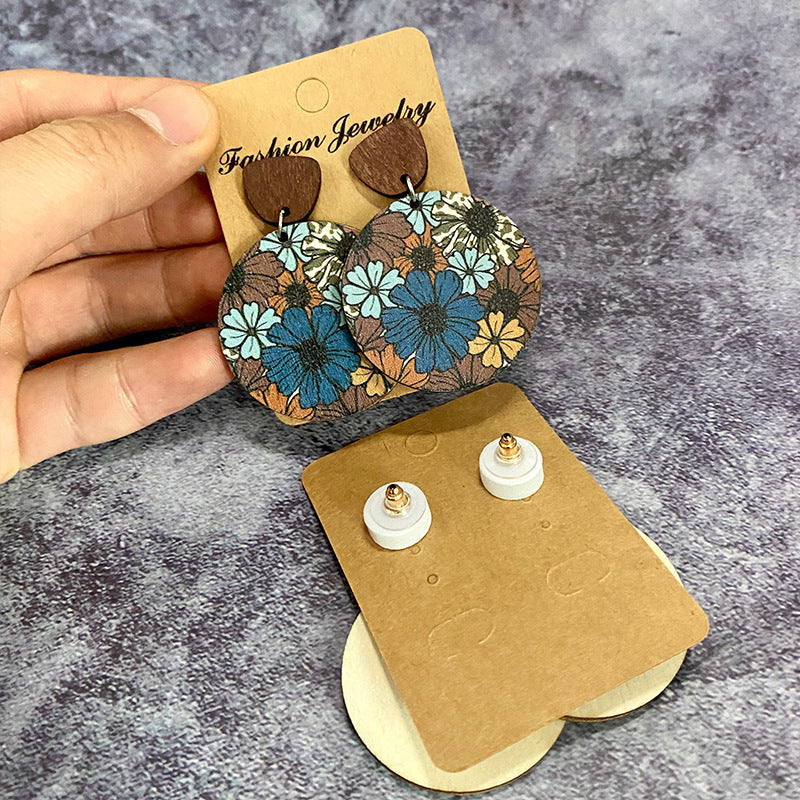 Boucles d'oreilles bohèmes rétro en bois avec coutures florales
