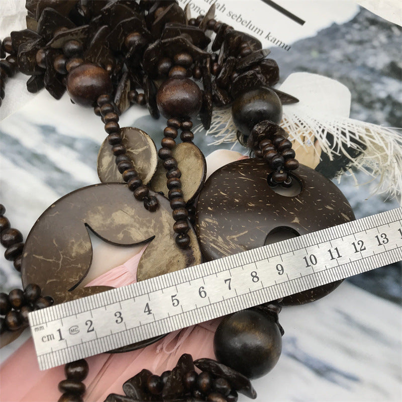 Unisex Bohemian Coir Wood Beaded Lariat Necklace