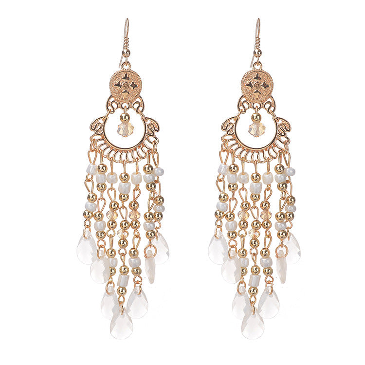 Pendientes de borlas huecas con piedras preciosas y cuentas bohemias para mujer
