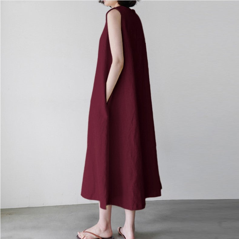 Vestido de lino y algodón con cuello redondo de color liso para mujer de verano