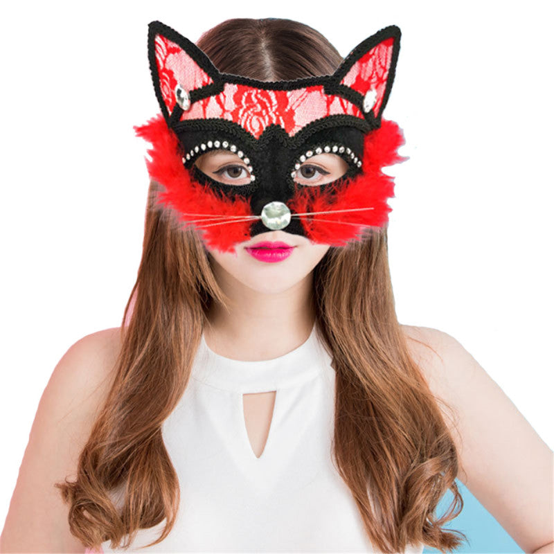 Halloween Lace Animal Cat Diamond Half Face Mask