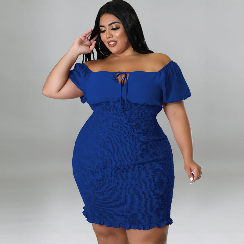 Women Solid Color Off Shoulder Short-Sleeve Dress