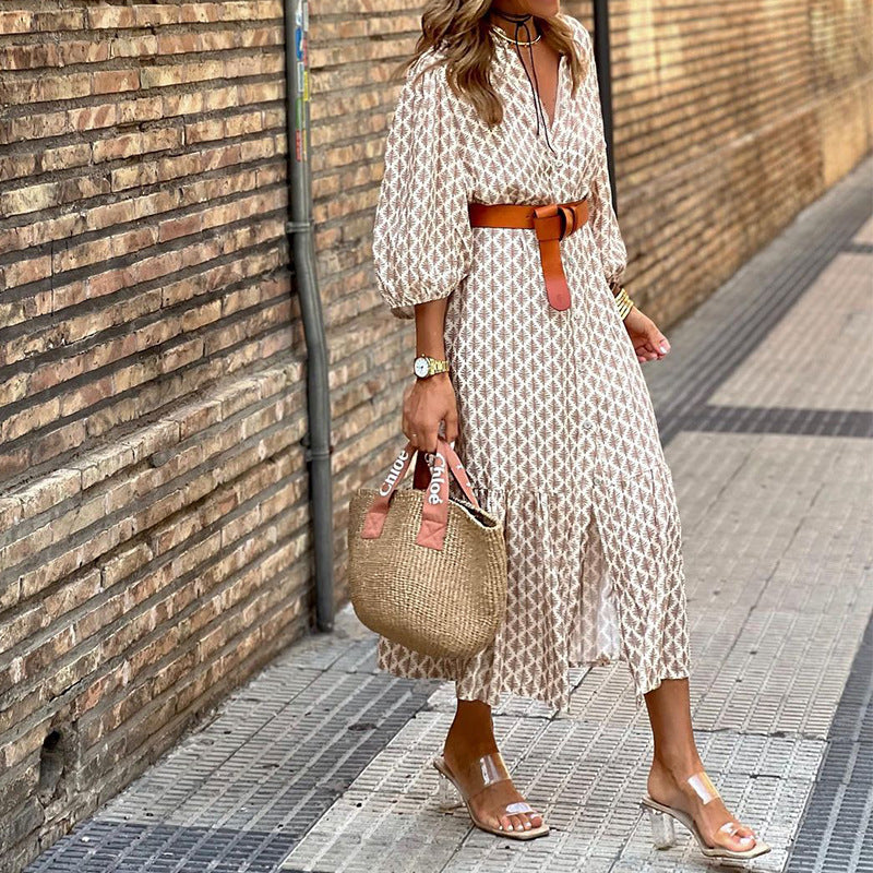 Robe ample décontractée imprimée à col en V et manches longues pour femme avec jupe trapèze