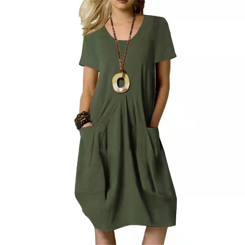 Vestido informal de algodón y lino con cuello redondo para mujer
