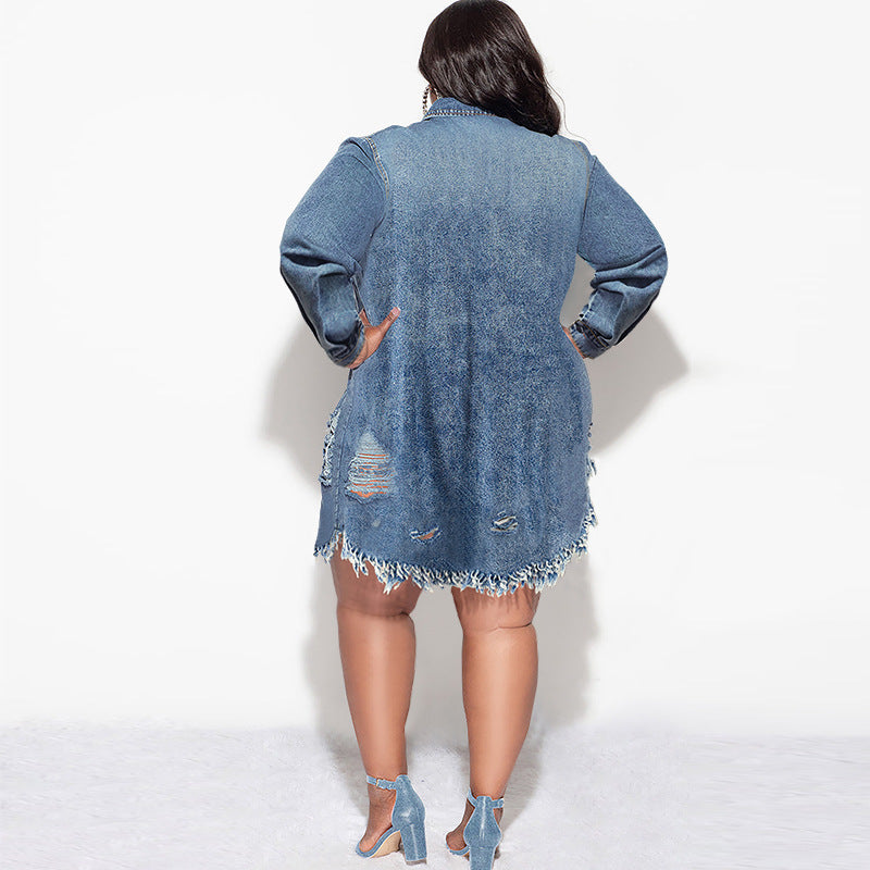 Vestido vaquero informal de talla grande con solapa para mujer