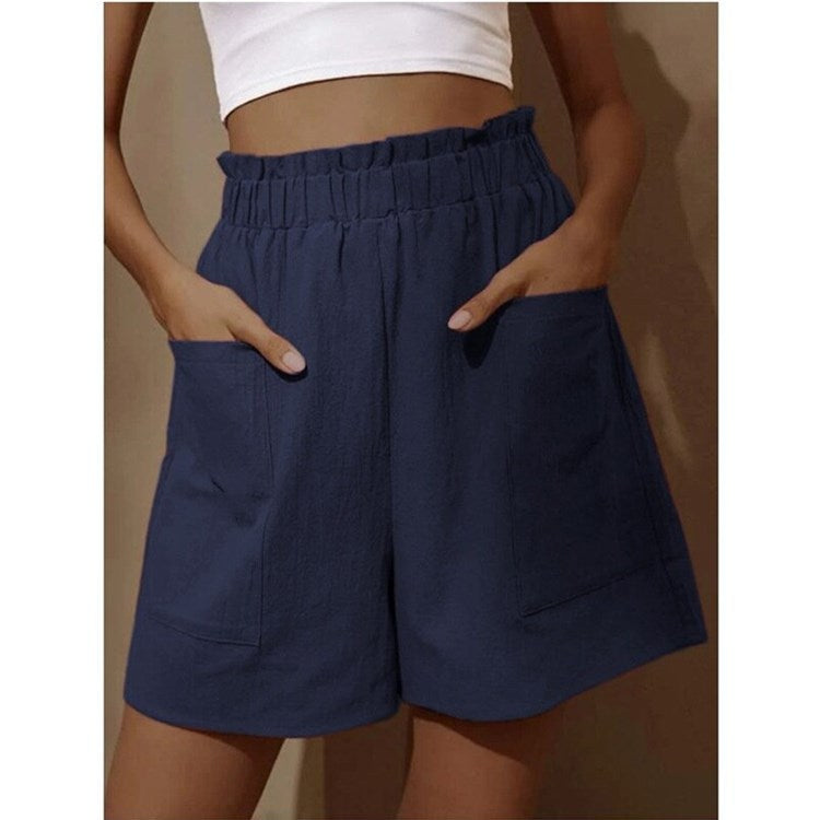 Pantalones cortos casuales de lino y algodón de cintura alta para mujer con pierna ancha