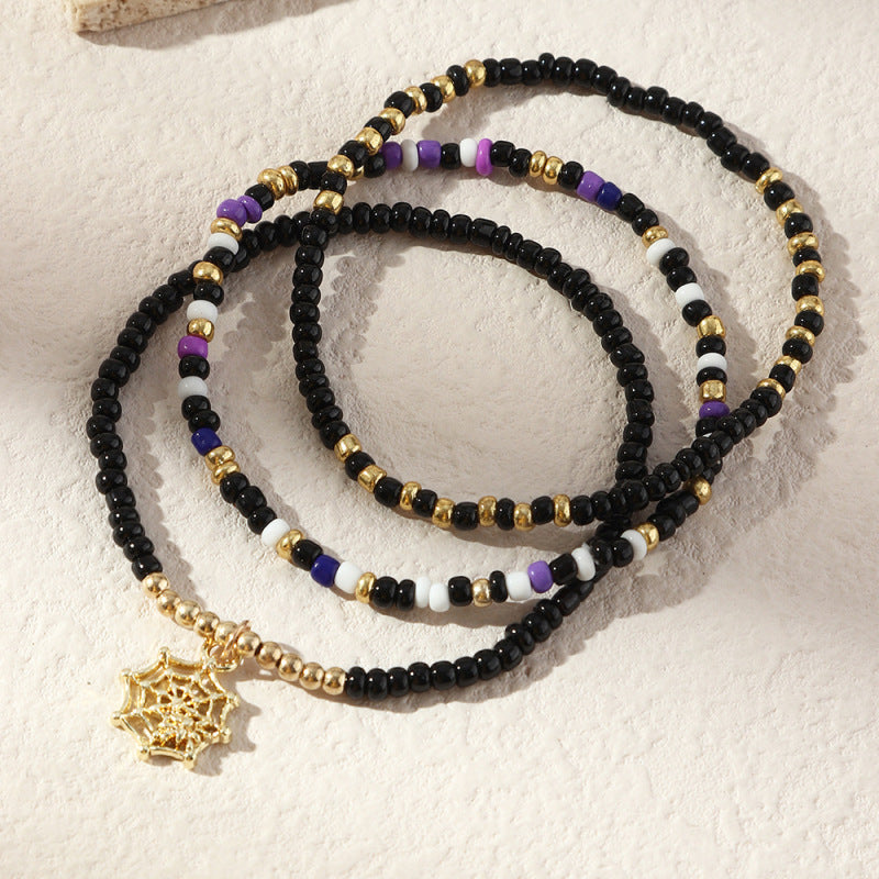 Conjunto de pulsera de Halloween con cuentas de aleación de calabaza y murciélago de colores variados retro a la moda para mujer