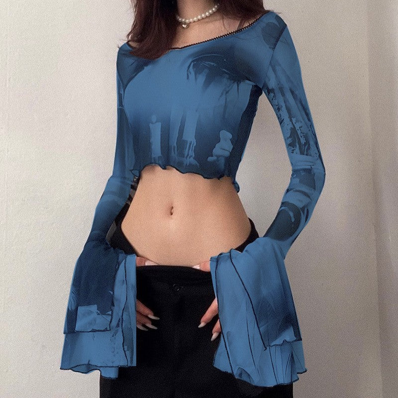 Gothic Mesh Pullover Crop Top Long Sleeve See-Through Slim-Fit