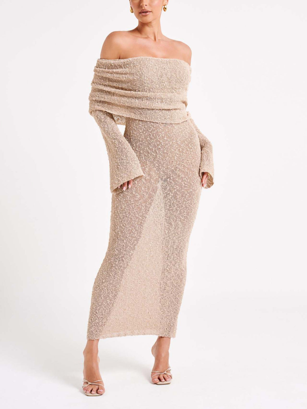 Vestido playero liso de manga larga con cuello redondo para mujer