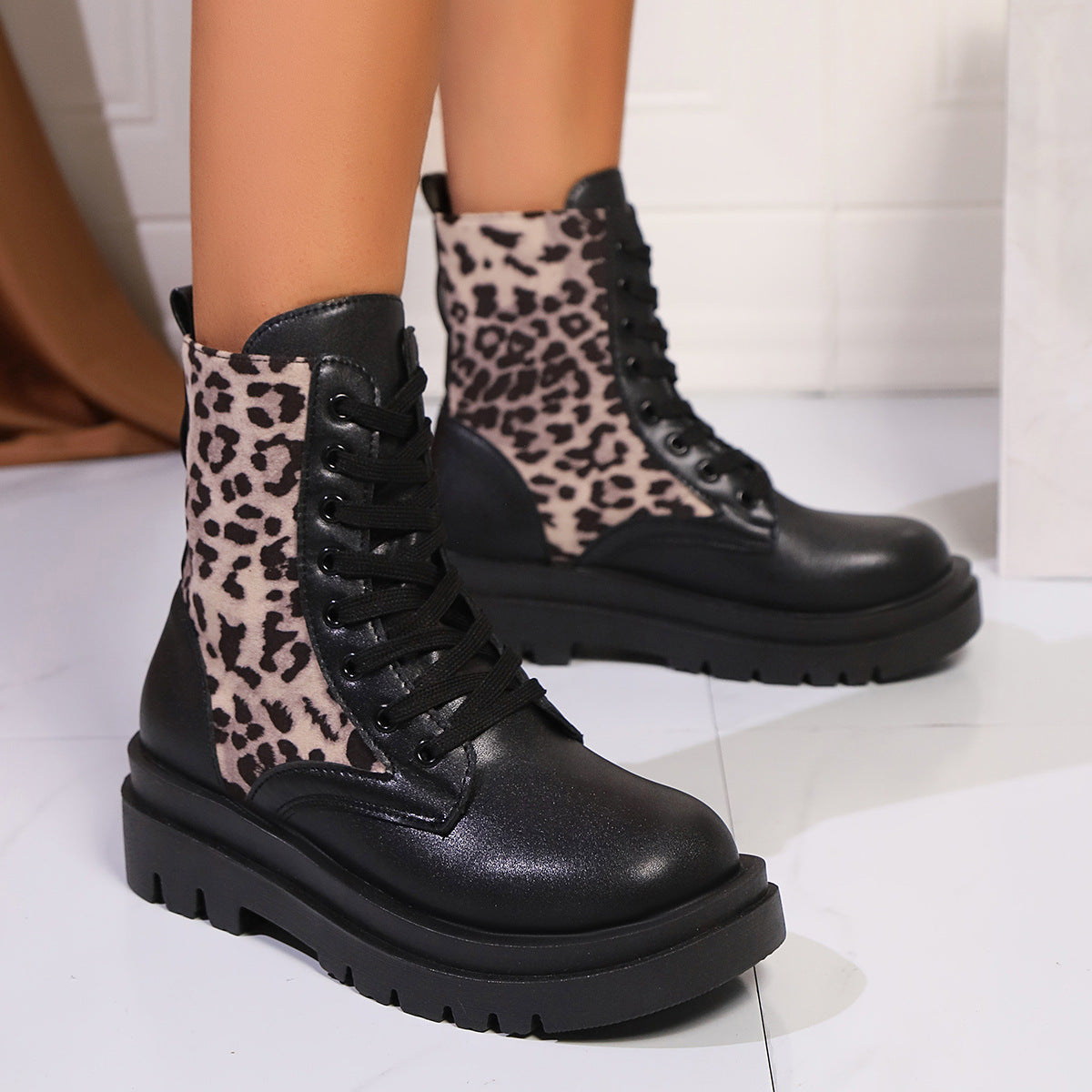 Plus Size Women Leopard Boots with Ankle Length
