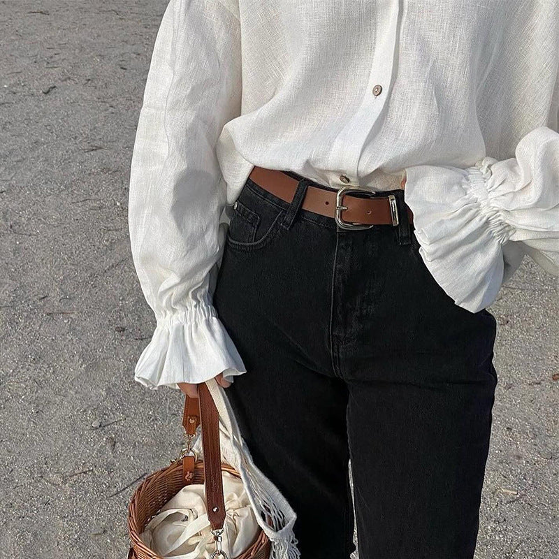 Blusa informal de manga farol con solapa para mujer