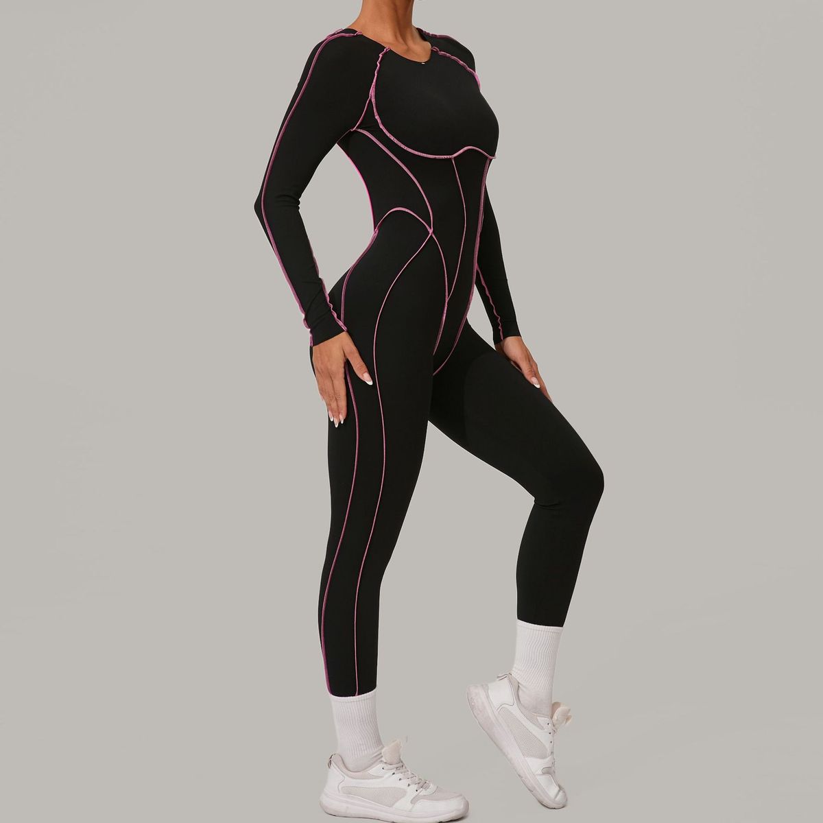 Combinaison de yoga dos nu à manches longues et couleurs assorties pour femmes