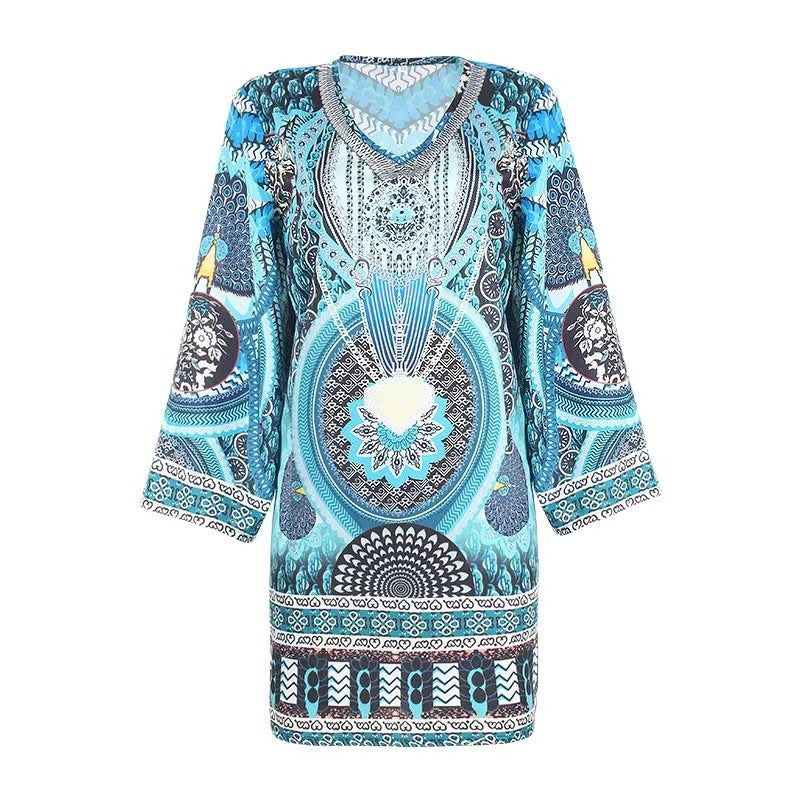 Spring Boho Graphic Print Women Plus Size Long Sleeved V Neck Casual Dress