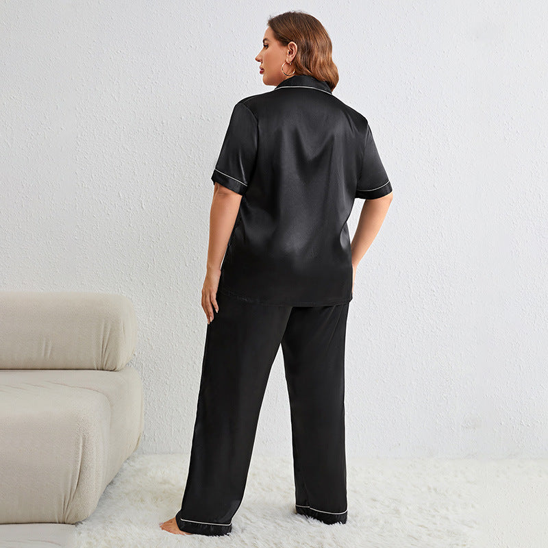 Women Large Size Elegant Silk Short Sleeve Pajamas Set