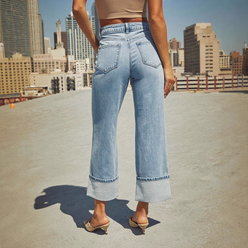Women Fashion Casual Stretch Curled High Waist Jeans
