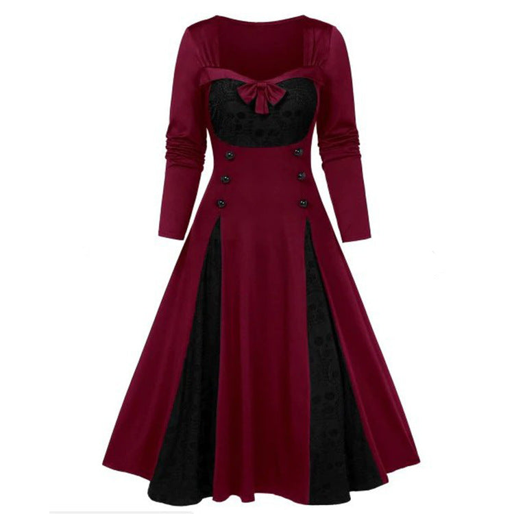 Women Gothic Skull Lace Stitching Color Contrast Dress
