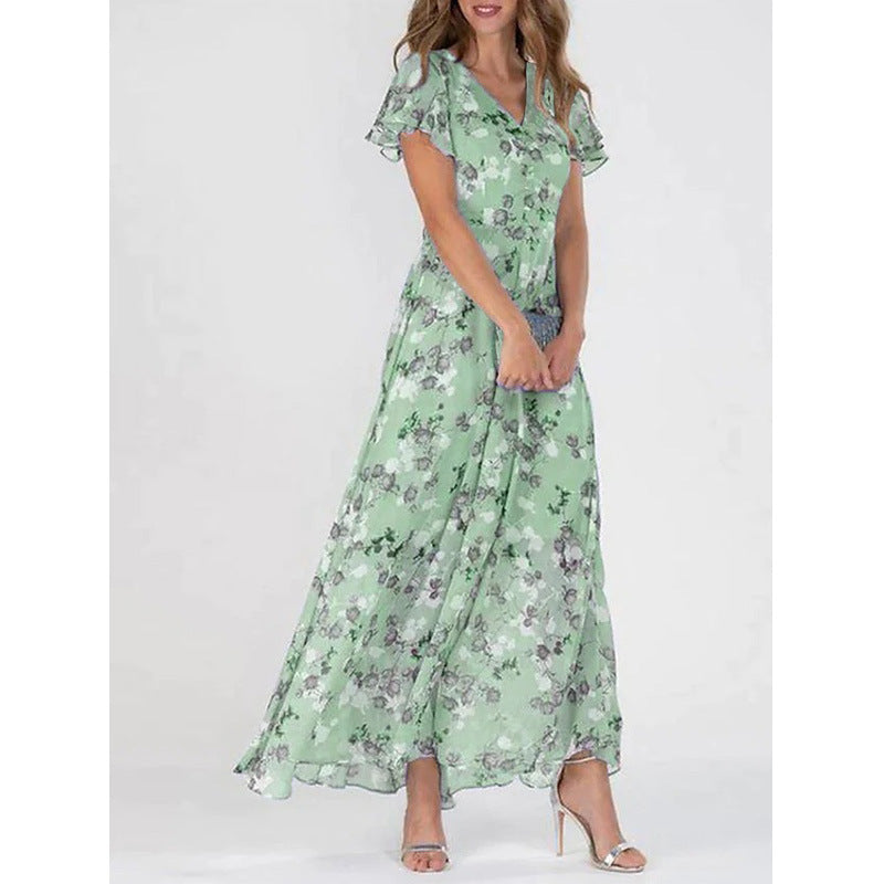 Women Fashion Casual Flower Printed Chiffon Dress
