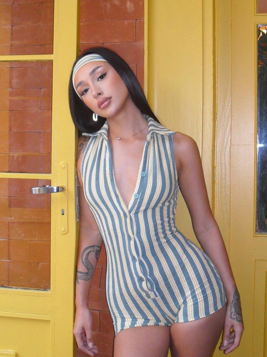 Women Fashion Sexy Stripe Lapel Sleeveless Slim Fit Jumpsuit