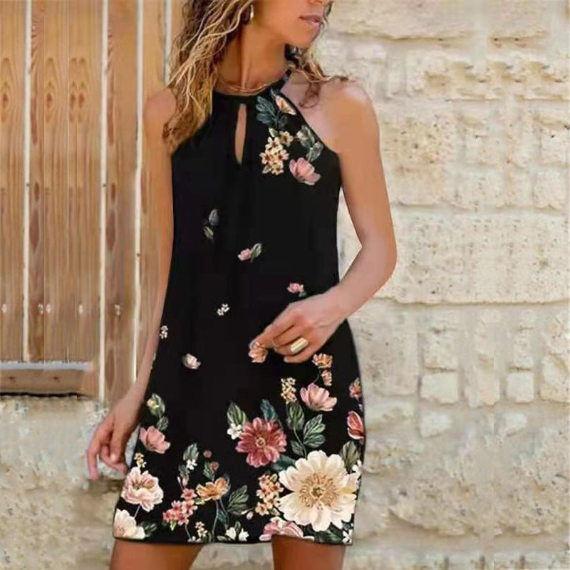 Vestido informal bohemio con estampado floral y cuello halter calado para mujer, talla grande
