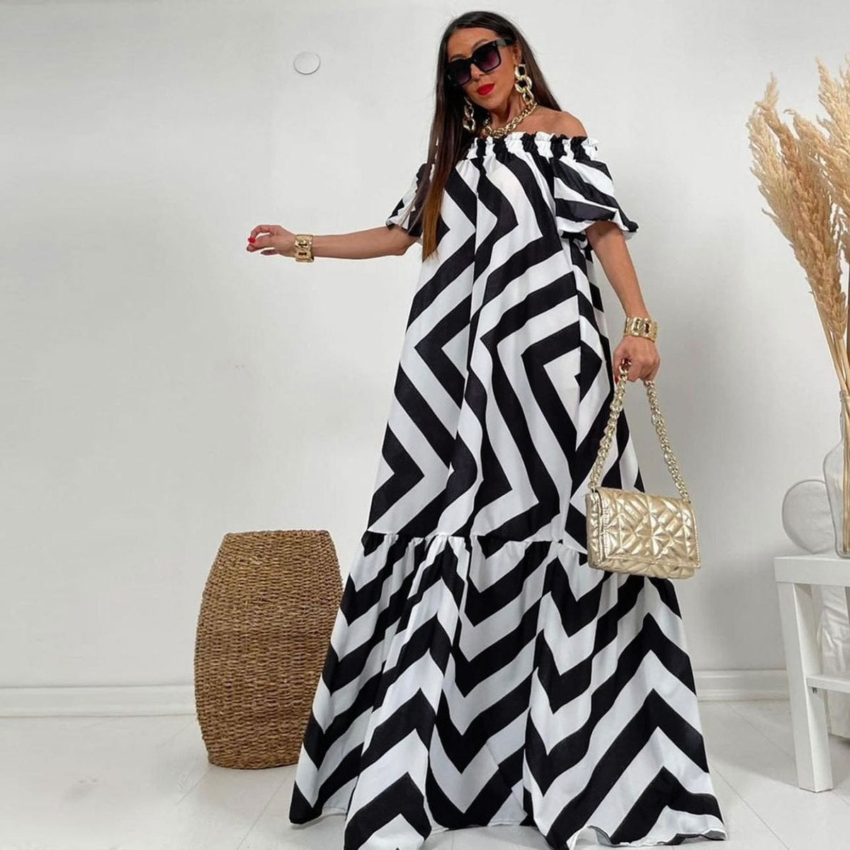 Women Casual Off Shoulder Printed Horn Sleeve Dress