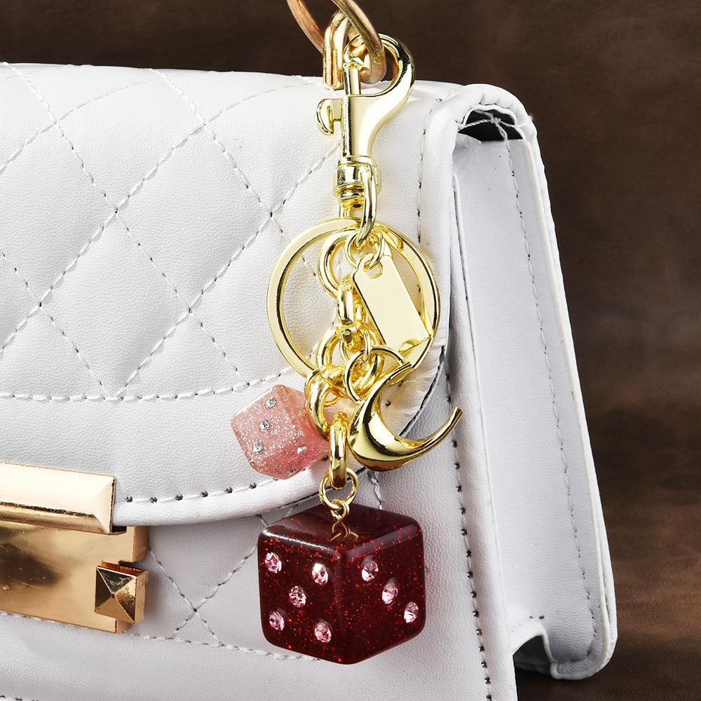 Women Fashion Pink Dice Crystal Pendant Keychain