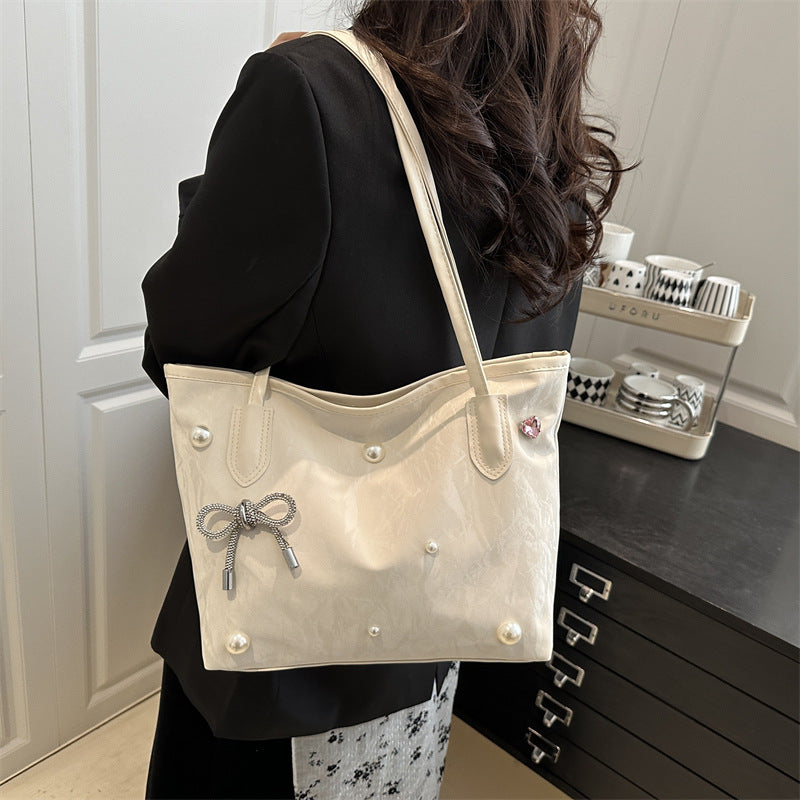 Bolso de mano elegante con lazo de perlas y gran capacidad en color sólido para mujer