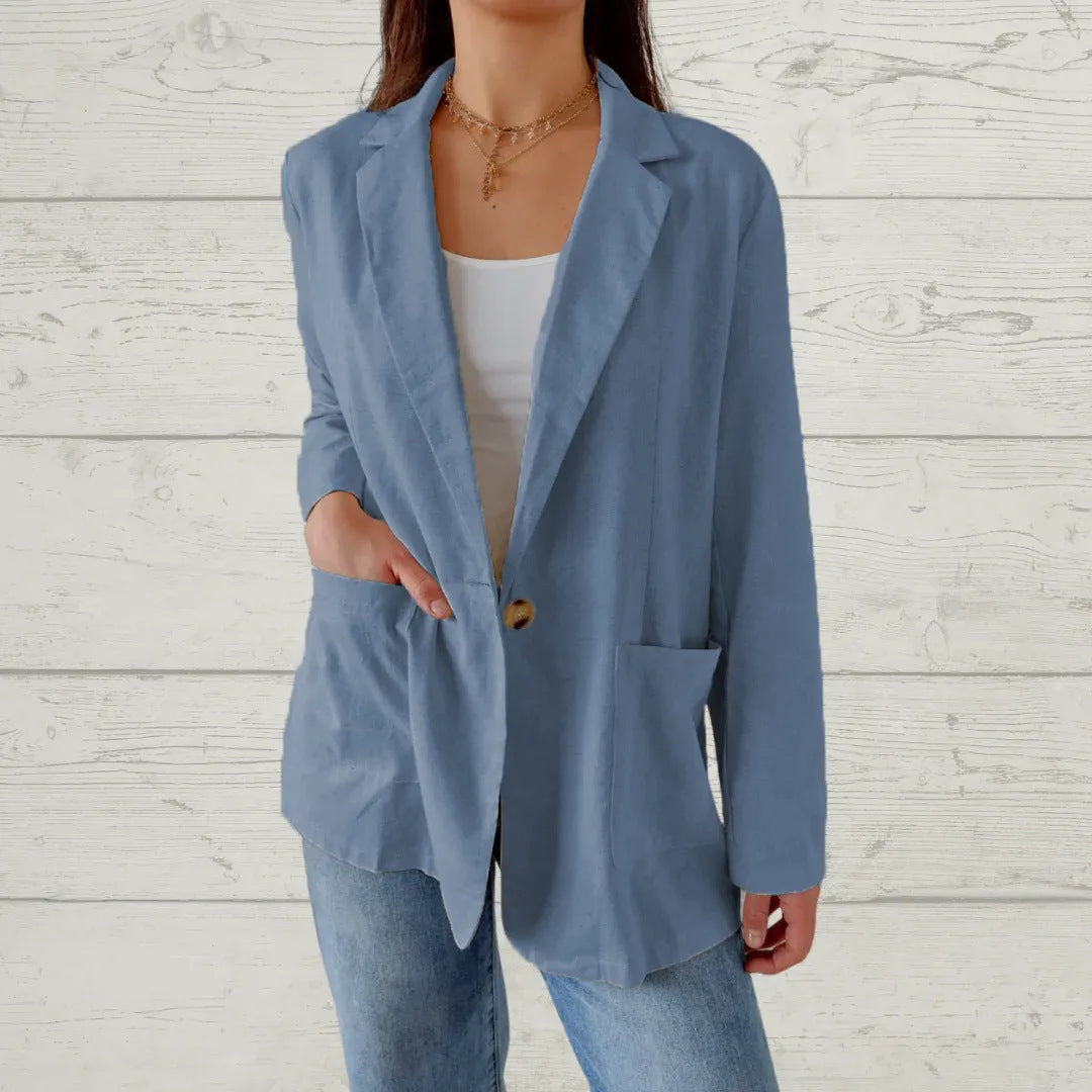Women Casual Solid Color Cotton And Linen Blazer
