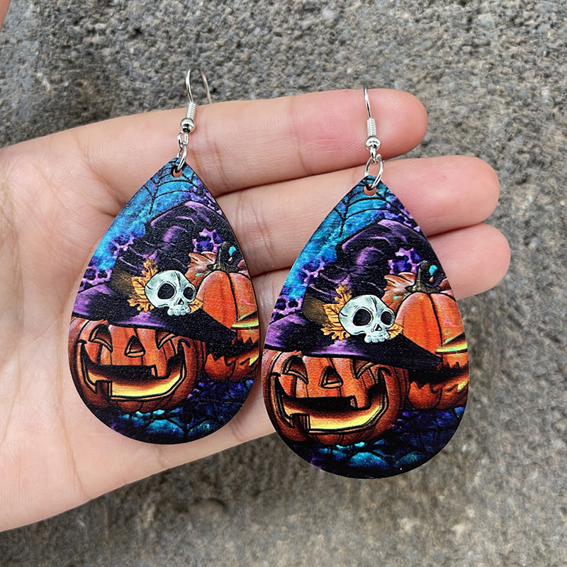 Pendientes colgantes de madera con diseño de calavera para Halloween para mujer