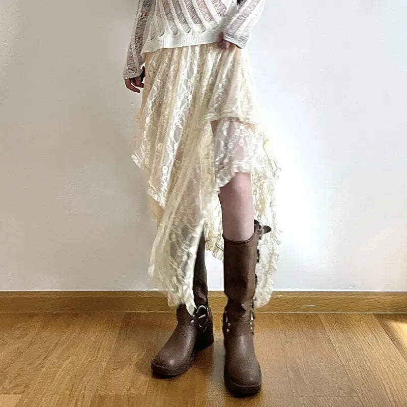 Women Vacation Lace Irregular Low-Waist Skirt