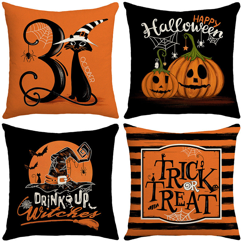 Halloween Cartoon Pumpkin Cat Witch Hat Sofa Cushion Cover